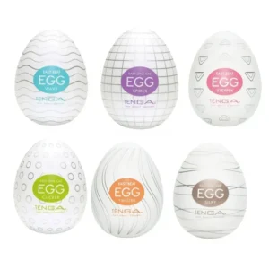 Six white egg-shaped textured sleeve package designs